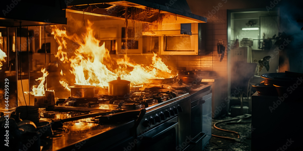 Fire raging in domestic kitchen at night Fire raging in domestic kitchen at night