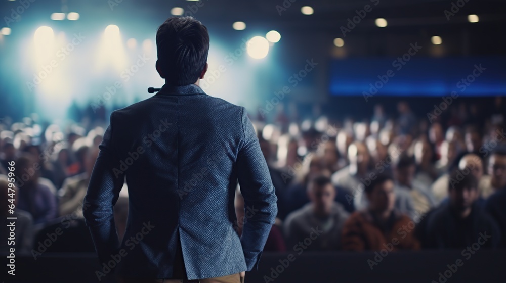 Rear view of motivational businessman standing on stage in front of audience for speech
