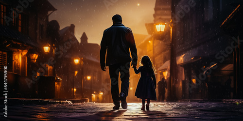 Father and young daughter walking in old town