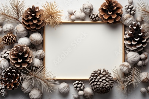 An empty mockup with a gold frame surrounded by pinecones. Photorealistic illustration