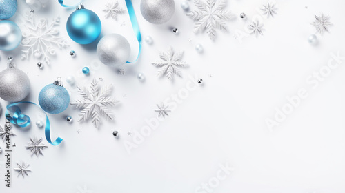 Christmas card. Christmas decorations in silver-blue tones on a white background with a place to insert. Generative Ai