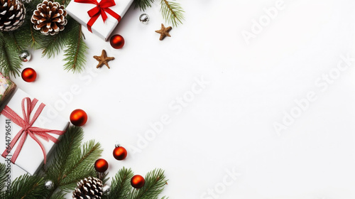 christmas cones and gifts on white background top view. Generative Ai