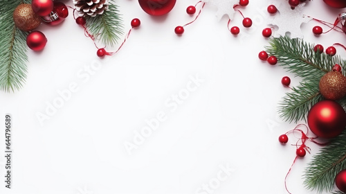 christmas background with christmas tree decorations on white background top view. Generative Ai