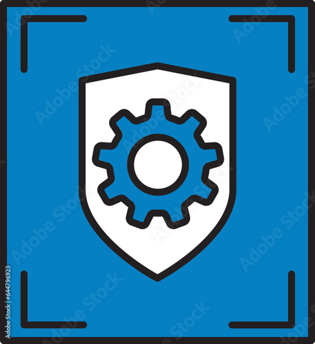 Security Shield With Gear Icon In Blue And White Color.