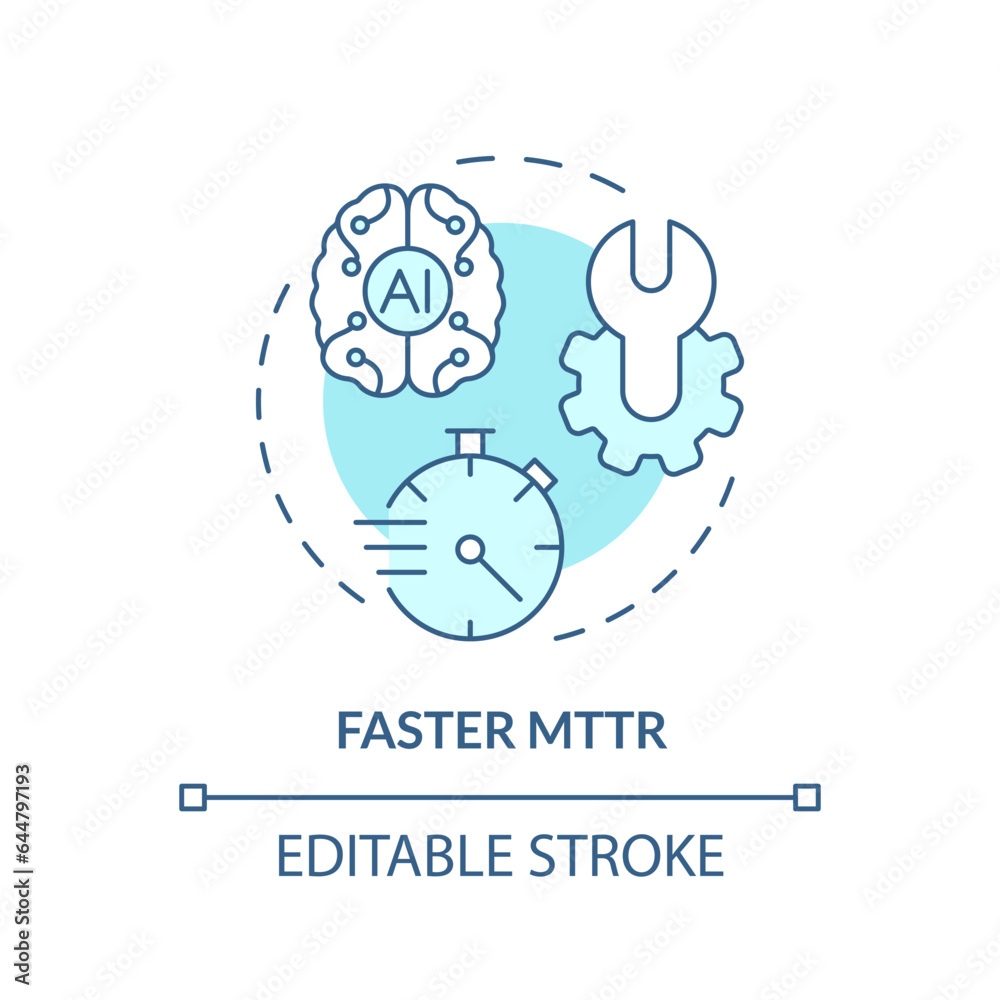 2D editable faster MTTR icon representing AI ops, isolated vector, blue thin line illustration. 2D editable faster MTTR icon representing AI ops, isolated vector, blue thin line illustration.
