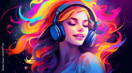 woman in headphones listens to music. colorful illustration. Generative Ai