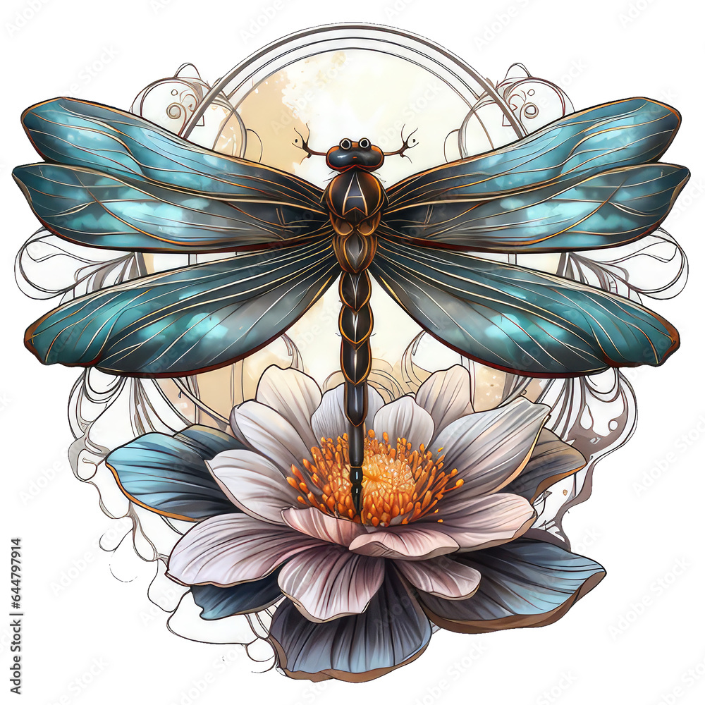 Obraz premium Watercolor dragonfly T-shirt Design, a vibrant dragonfly with iridescent wings and delicate details, Generative Ai