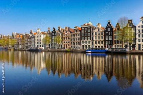 Vibrant buildings sway by Amsterdam's Amstel river, a scenic attraction in this ancient European city of blooming season. Generative AI