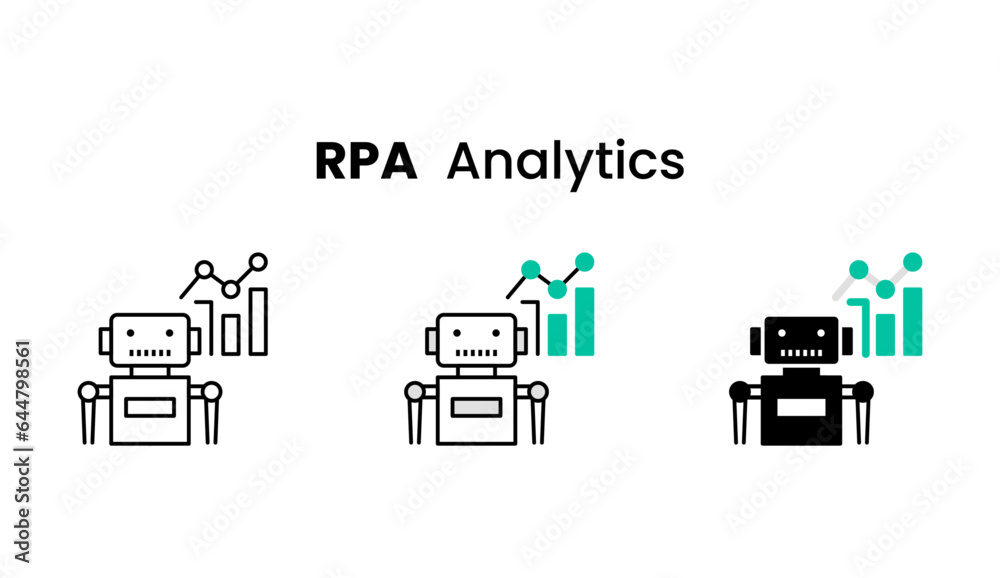 Vector icon of Data Analysis in RPA, Monitoring RPA Processes. AI robot with chart, Robot with chart on white background for mobile and web application. 