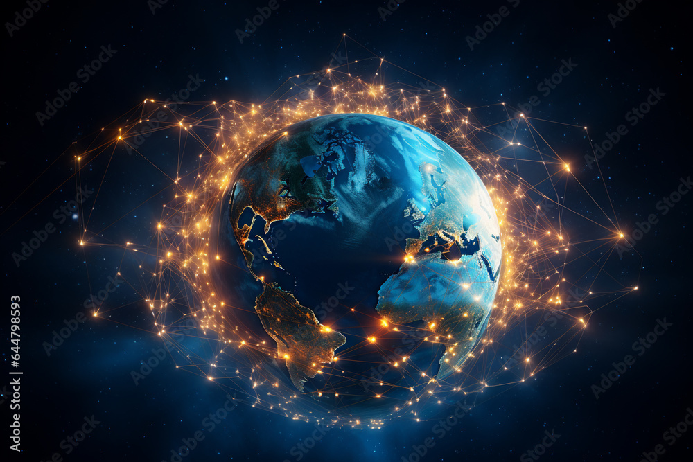 planet Earth at night with lit up countries and digital network connections