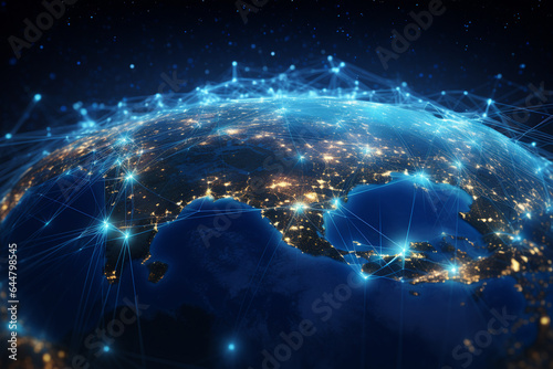 planet Earth at night with lit up countries and digital network connections