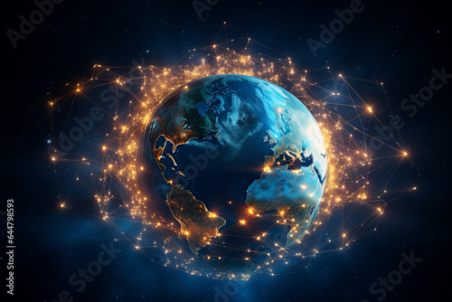 planet Earth at night with lit up countries and digital network connections