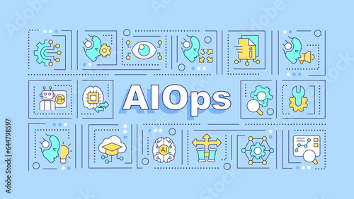 AI ops text with various thin line icons concept on blue monochromatic background, editable 2D vector illustration.