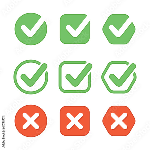 Green check marks and red cross signs collection. Checkboxes with yes and no, tick and cross labels. Approved and reject signs