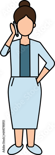 Flat Style Businesswoman Talking On Phone Icon In Blue And Orange Color.