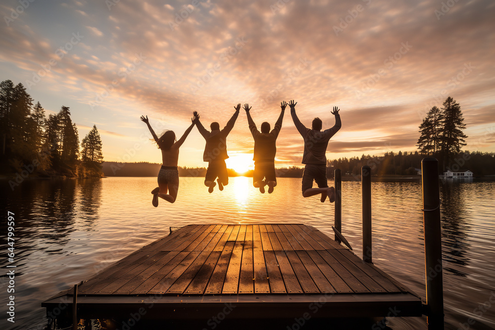 Embracing the first moments of the year, a group of friends leap joyfully off a dock, synchronizing with the New Year's sunrise - obrazy, fototapety, plakaty 
