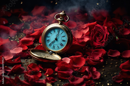 Amidst scattered rose petals, a vintage pocket watch stands on the cusp of midnight, heralding the arrival of the New Year