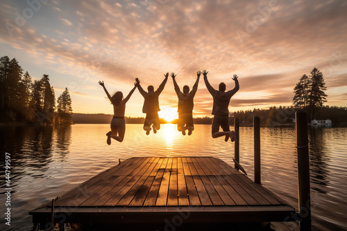 Photo Embracing the first moments of the year, a group of friends leap joyfully off a