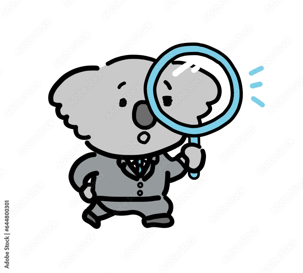虫眼鏡を覗いて驚くコアラのビジネスマン 虫眼鏡を覗いて驚くコアラのビジネスマン