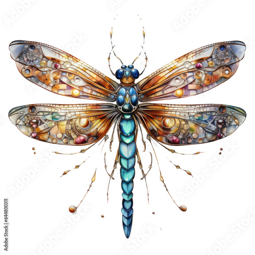 Watercolor dragonfly T-shirt Design, a dragonfly with wings that shimmer like iridescent jewels, Generative Ai