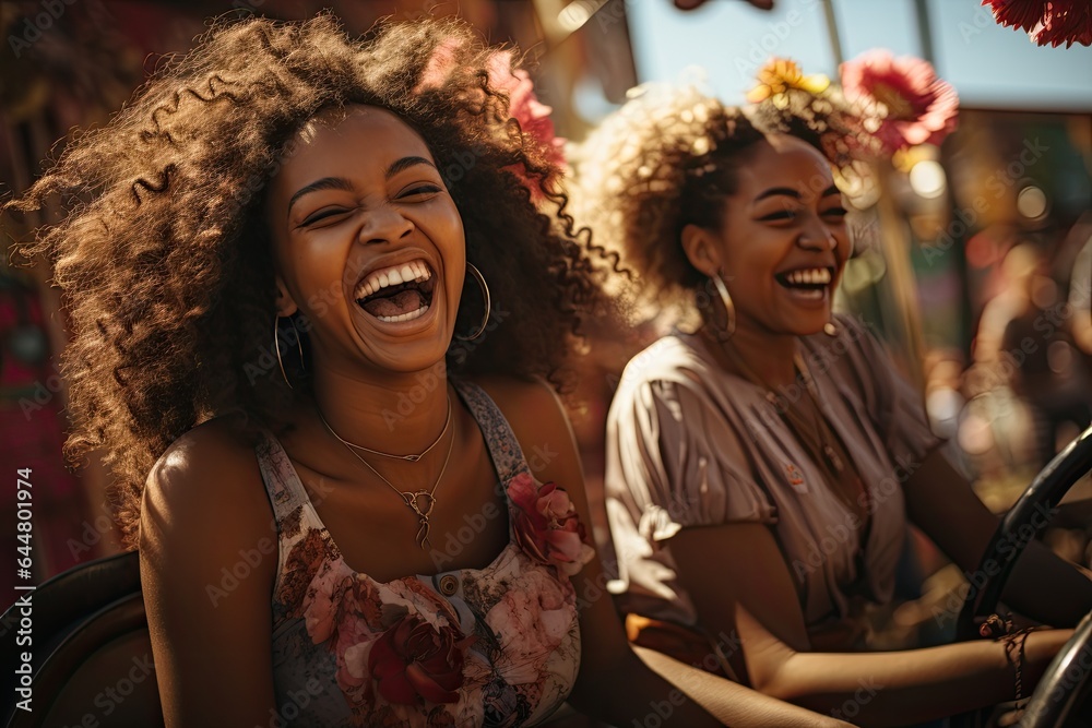 Happy mixed race girlfriend happy at a fair whirligig amusement park