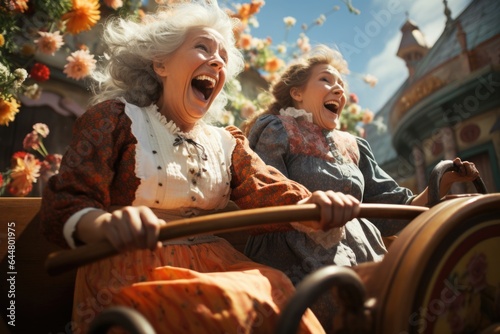 Happy old females in whirligig at an amusement park in summer. Senior happiness