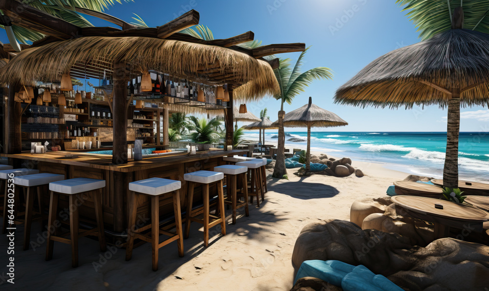 Beach restaurant during the day on the tropical coast.