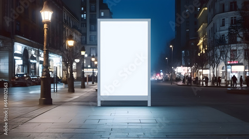 panneau publicitaire vierge lumineux, format portrait, dans une ville la nuit