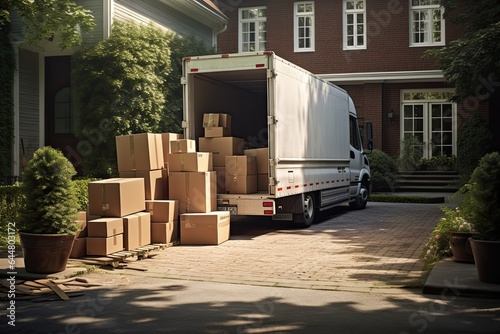 The process of unloading boxes and belongings from a moving van. Moving - several cardboard boxes with things are stacked near the entrance to the house. © Stavros