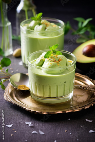 Vegetarian sugar free creamy dessert made of avocado. .Avocado mousse.