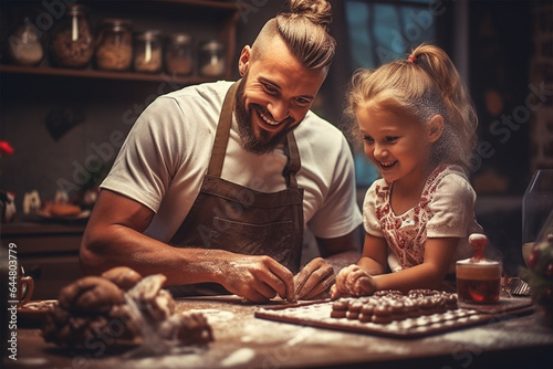In the kitchen  a happy dad is cooking cookies with his little daughter.