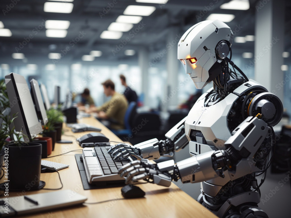 Robot working at computer among people. Maschine typing on keyboard in office