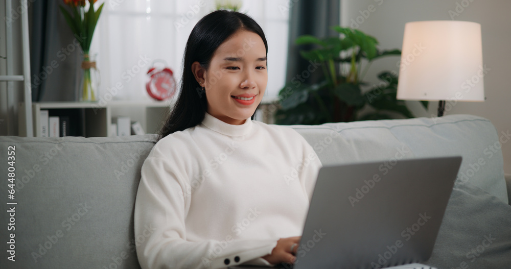 Asian woman using a laptop computer while sitting on the sofa Asian woman using a laptop computer while sitting on the sofa