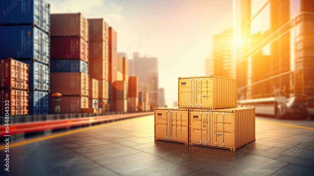 Yellow container cargo in industrial port background, Transportation and logistics, Global business logistics import export, transportation industry concept. - obrazy, fototapety, plakaty 