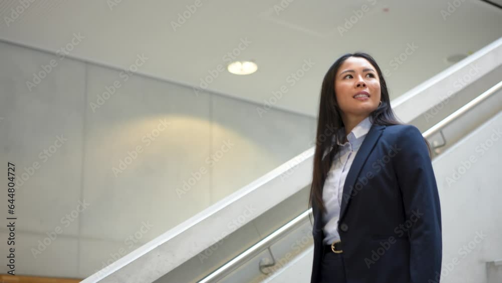 Businesswoman descending stairs in modern office building Businesswoman descending stairs in modern office building