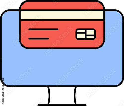 Payment Card With Desktop For Online Payment Icon In Blue And Red Color.