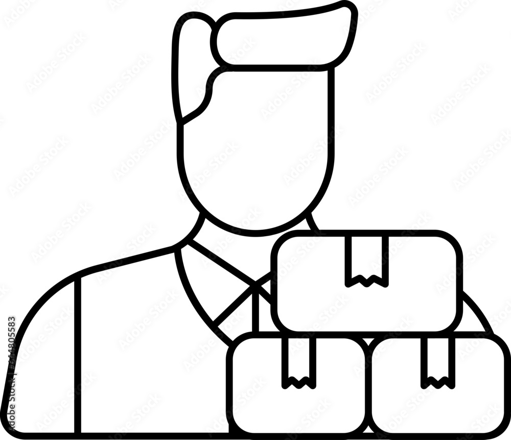 Faceless Delivery Man With Stack Parcel Icon In Black Outline. Faceless Delivery Man With Stack Parcel Icon In Black Outline.