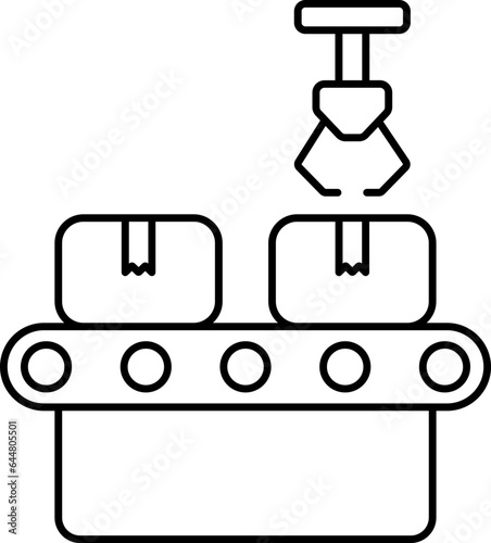 Packing Boxes on Conveyor Belt With Robotic Arm Icon In Black Outline.
