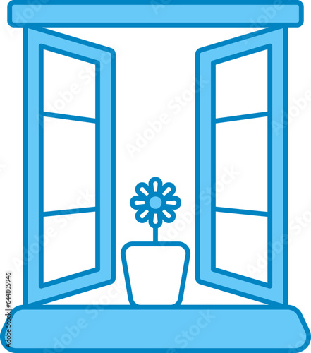 Flower Pot With Window Door Blue And White Icon.