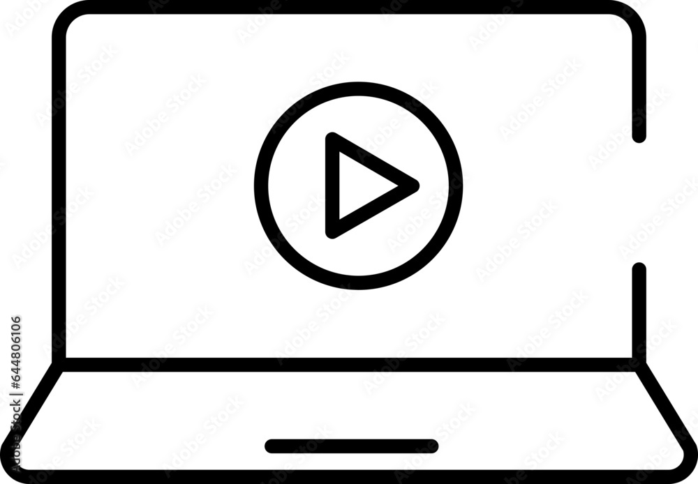 Laptop With Play Button Icon In Black Outline. Laptop With Play Button Icon In Black Outline.