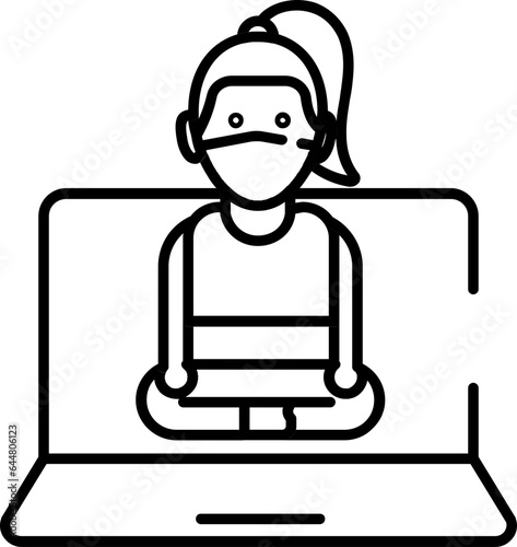 Black Line Art Women Online Yoga Class Concept With Laptop Icon.