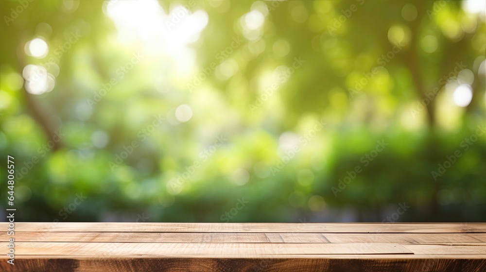 Wooden table in front of blurred autumn foliage background. Ready for product display montage Wooden table in front of blurred autumn foliage background. Ready for product display montage