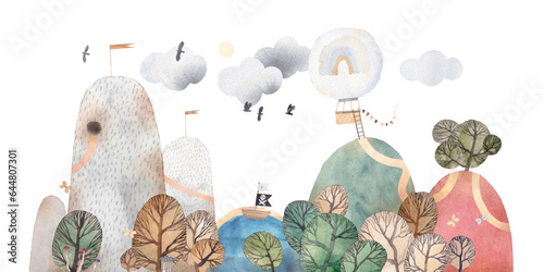 Travel in a hot air balloon over the lake, fields, forests and mountains. Cute landscape with a lake, trees and mountains. Horizontal banner.
