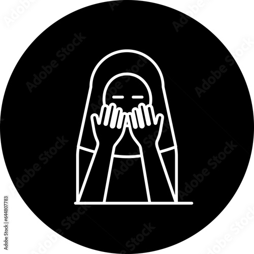 Muslim Woman Praying Icon In B&W Color.