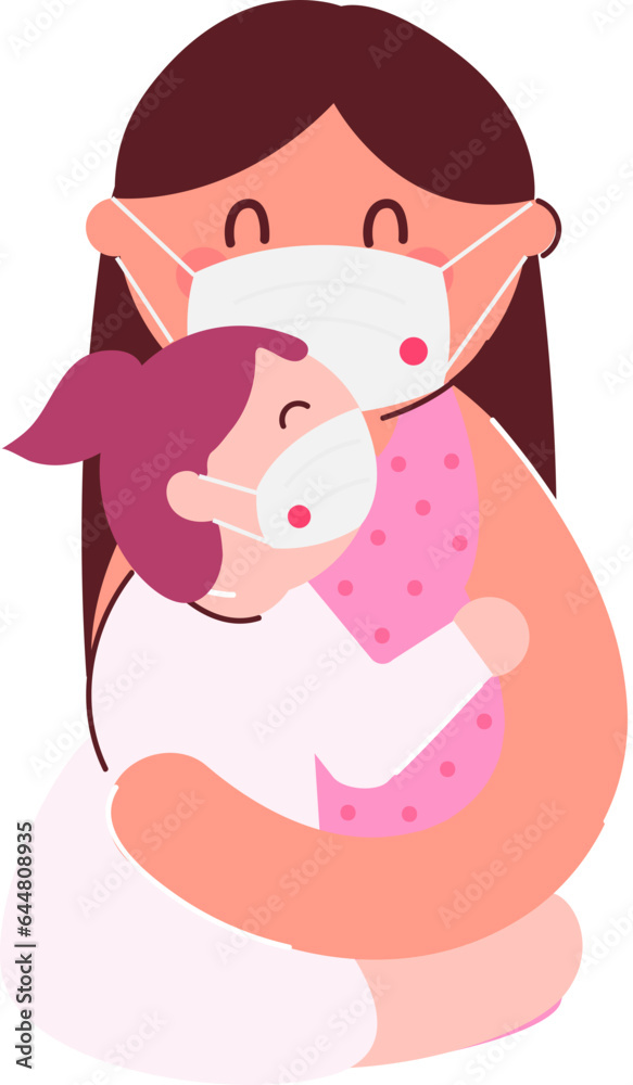 Cartoon Woman Hugging Her Daughter On White Background.