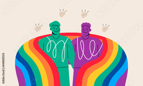 Two men hug each other. Gay couple in a romantic relationship. Pride month concept. Colorful vector illustration