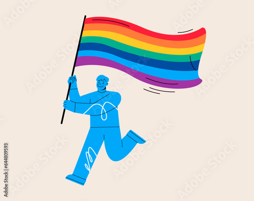 A men holding  with rainbow flag gay pride symbol. Colorful vector illustration