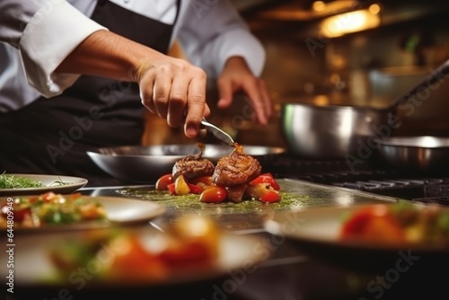 Close up of a professional chef preparing a delicious gourmet dish in a modern kitchen.