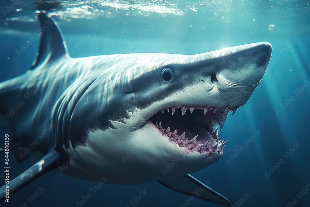 Naklejka premium swimming shark with open mouth.