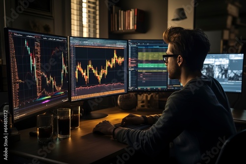 A worried broker watches the stock market chart on the monitor.'generative AI' 